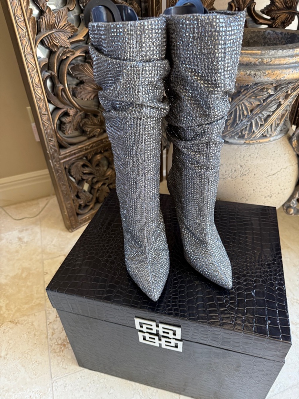 Women's Silver Rhinestone  Boots - Sparkling Pointed Toe